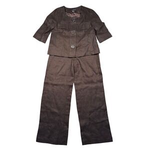 Willi Smith 100% Linen Pant Suit Cropped Jacket Wide Leg Trousers Brown Size S 6